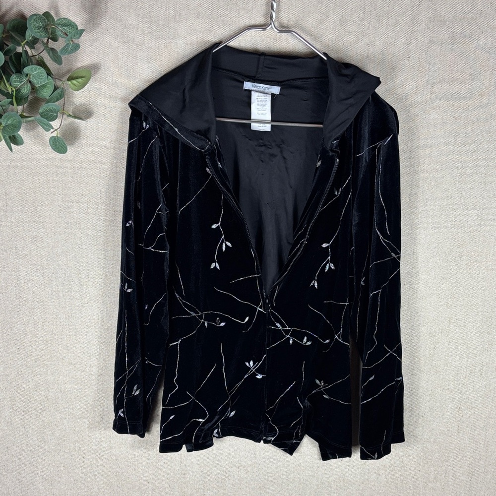 Karen Kane > Black Velvet Hooded Jacket with Silver Embroidery Large